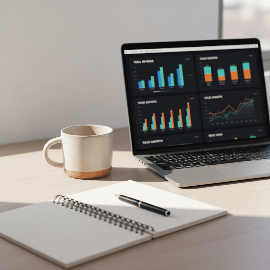 IT consulting workspace with laptop and analytics dashboard