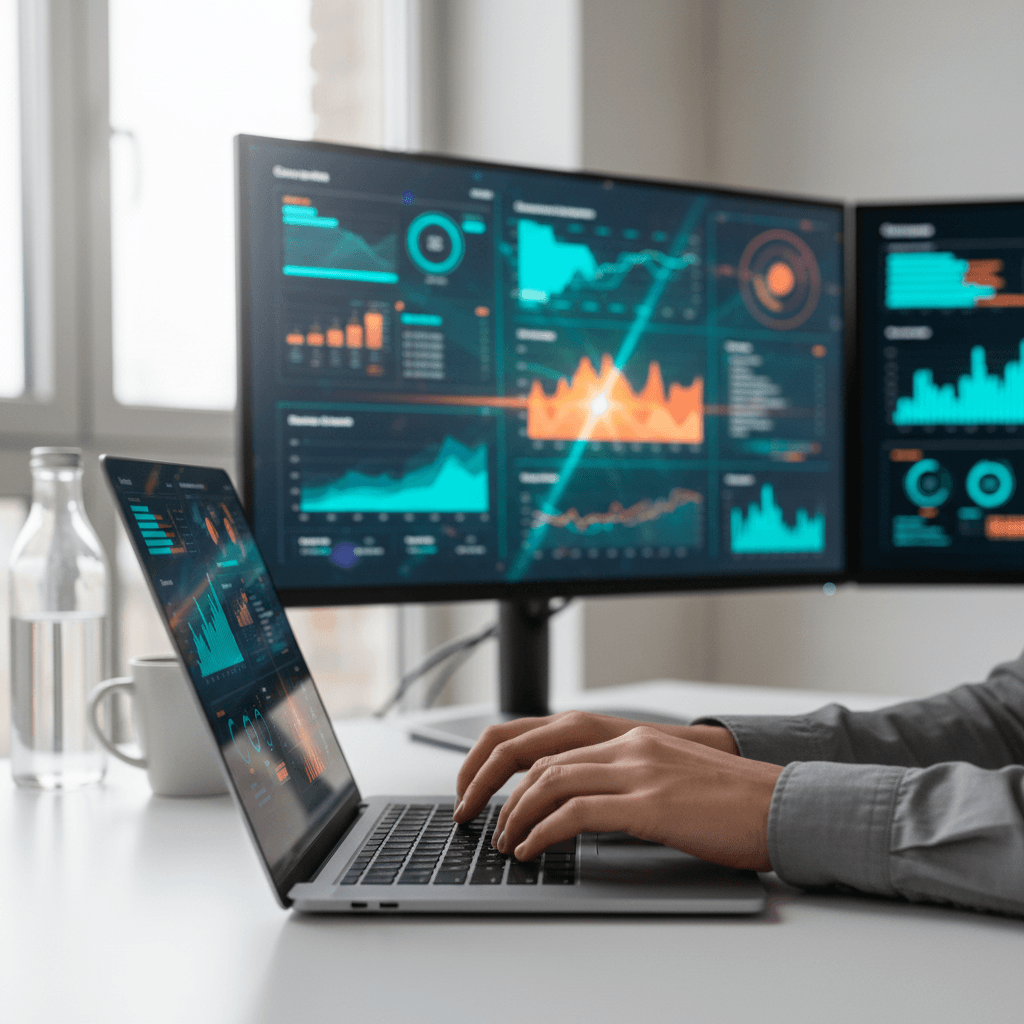 Professional consultant reviewing IT strategy and analytics on multiple monitors